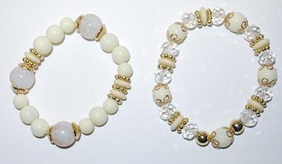 Collection of 2 Both White & "Crackled" Opaque Elastic GLOBES BRACELETS (2" Opening) with Clear Prism Bead Accents