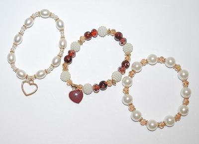 Collection of 3 Pearl-Style Elastic BRACELETS (2" Opening) with HEARTS and Brown and Champagne Colored Bead Accents