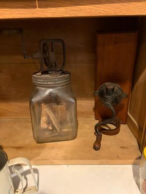 Butter churn and wall coffee grinder
