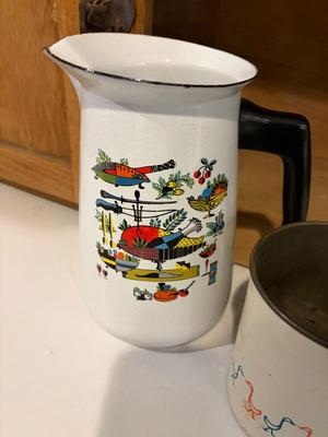 2 enamelware pieces and flour sifter