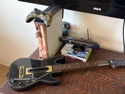 XBOX 360 console, games, guitar and controller