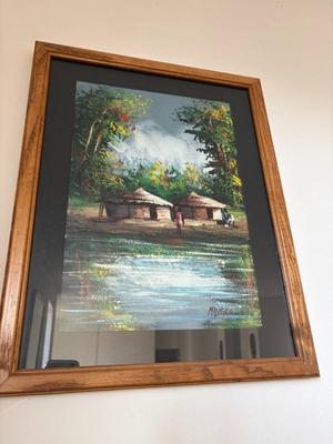 Pair of African village scenes by Mayeko