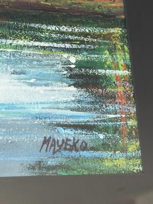 Pair of African village scenes by Mayeko