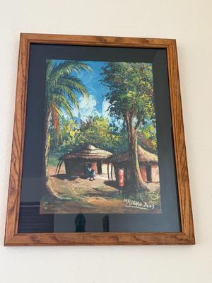 Pair of African village scenes by Mayeko