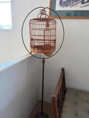 Vintage bird cage stand with bird cage