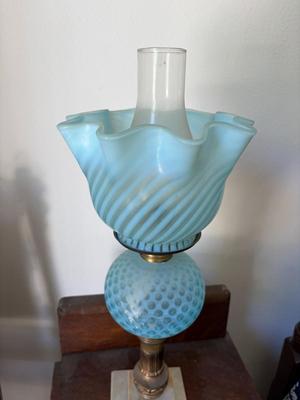 Blue swirl opalescent oil lamp