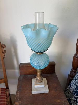 Blue swirl opalescent oil lamp