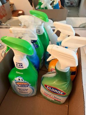 2 boxes cleaning supplies/lotions, etc