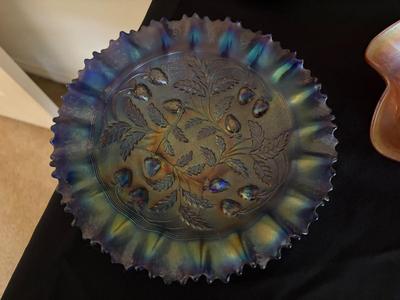 Carnival Amethyst strawberry pattern ruffled bowl, Star of David and Bows carnival glass bowl