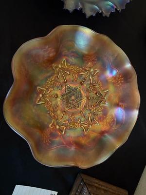 Carnival Amethyst strawberry pattern ruffled bowl, Star of David and Bows carnival glass bowl