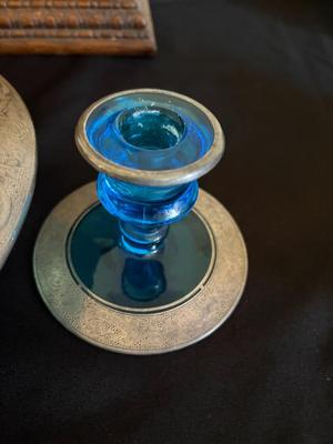 Blue silver overlay bowl & 2 candleholders