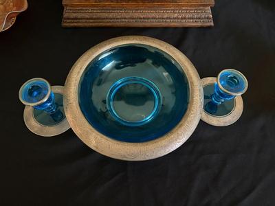 Blue silver overlay bowl & 2 candleholders