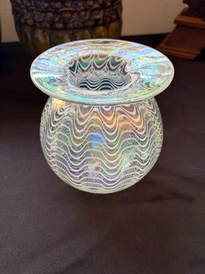 NWS iridescent art studio hand-blown feather vase