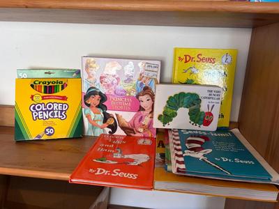 7 children's books & colored pencils
