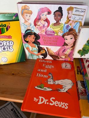 7 children's books & colored pencils