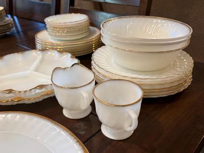 Golden shell milk glass dish set