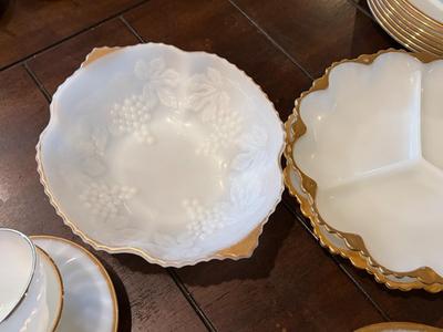 Golden shell milk glass dish set