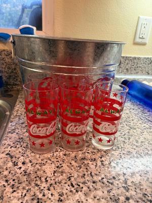6 Coca Cola glasses, Coca Cola bucket