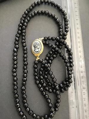 Gorgeous Jet Black Glass Faceted Double Strand Hematite Glass Cameo Necklace