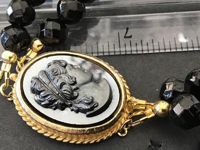 Gorgeous Jet Black Glass Faceted Double Strand Hematite Glass Cameo Necklace