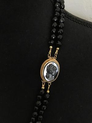 Gorgeous Jet Black Glass Faceted Double Strand Hematite Glass Cameo Necklace
