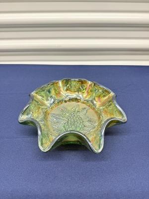 Early 1900s Northwood Carnival Glass Grape & Leaf Ruffled Bowl – Green/Marigold