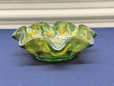 Early 1900s Northwood Carnival Glass Grape & Leaf Ruffled Bowl – Green/Marigold