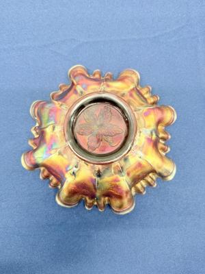 Antique Fenton Carnival Glass Grape & Leaf Marigold on Amber Ruffled Bowl 9”