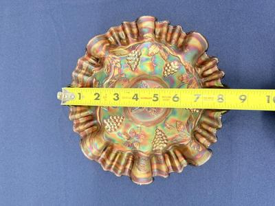 Antique Fenton Carnival Glass Grape & Leaf Marigold on Amber Ruffled Bowl 9”