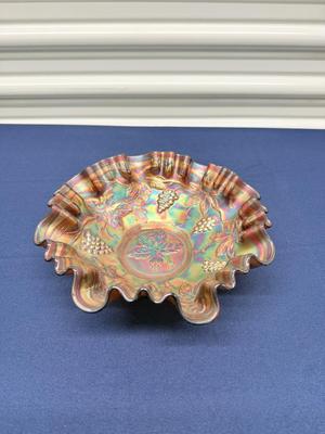 Antique Fenton Carnival Glass Grape & Leaf Marigold on Amber Ruffled Bowl 9”