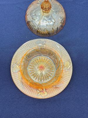 Antique Early 1900s Carnival Glass Covered Butter Dish – Marigold Iridescent Dom