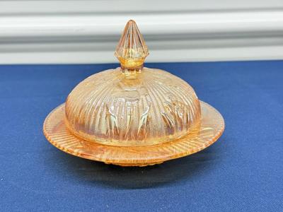 Antique Early 1900s Carnival Glass Covered Butter Dish – Marigold Iridescent Dom