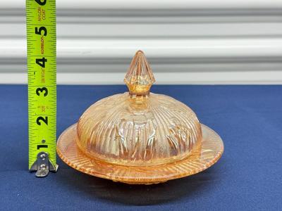 Antique Early 1900s Carnival Glass Covered Butter Dish – Marigold Iridescent Dom