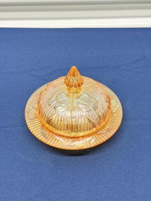 Antique Early 1900s Carnival Glass Covered Butter Dish – Marigold Iridescent Dom