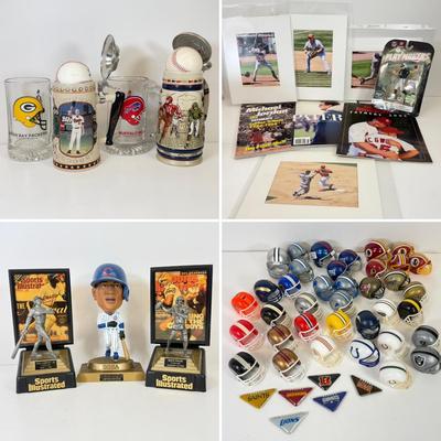 LOT 65: Sports Memorabilia Collection: Slim Jim Glass Mugs, Avon Stein, Riddell Mini Helmets & More