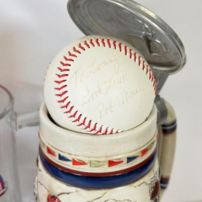 LOT 65: Sports Memorabilia Collection: Slim Jim Glass Mugs, Avon Stein, Riddell Mini Helmets & More