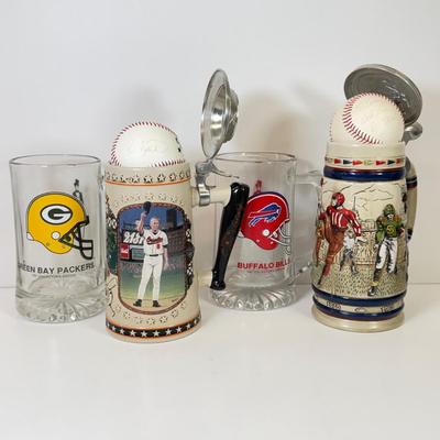 LOT 65: Sports Memorabilia Collection: Slim Jim Glass Mugs, Avon Stein, Riddell Mini Helmets & More