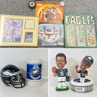 LOT 67: NHL Philadelphia Flyers Star Wars Poster, Eagles Card Plaque, McDonald's Bobble Heads, Riddel Players Inc Mini Helmet,...