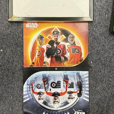 LOT 67: NHL Philadelphia Flyers Star Wars Poster, Eagles Card Plaque, McDonald's Bobble Heads, Riddel Players Inc Mini Helmet,...