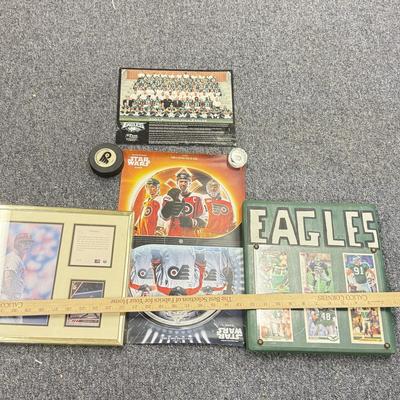 LOT 67: NHL Philadelphia Flyers Star Wars Poster, Eagles Card Plaque, McDonald's Bobble Heads, Riddel Players Inc Mini Helmet,...