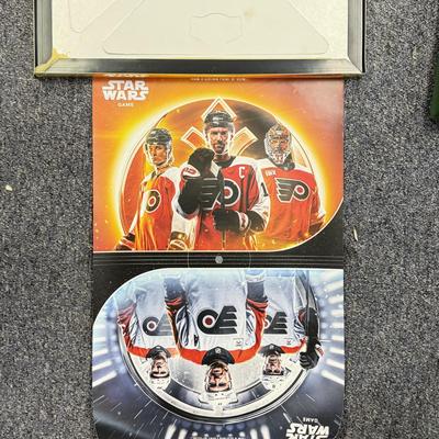 LOT 67: NHL Philadelphia Flyers Star Wars Poster, Eagles Card Plaque, McDonald's Bobble Heads, Riddel Players Inc Mini Helmet,...