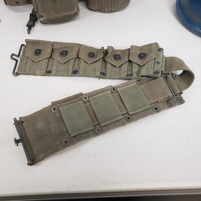 LOT 80: Vintage Military Gear-Field Belt, Cartridge Belt, First Aid Pouch, Helmet