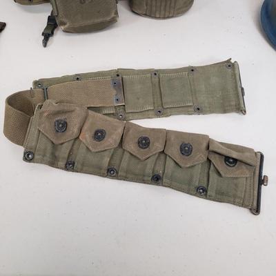 LOT 80: Vintage Military Gear-Field Belt, Cartridge Belt, First Aid Pouch, Helmet