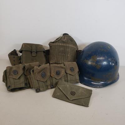 LOT 80: Vintage Military Gear-Field Belt, Cartridge Belt, First Aid Pouch, Helmet