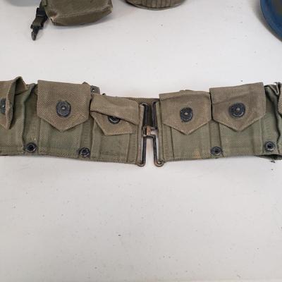LOT 80: Vintage Military Gear-Field Belt, Cartridge Belt, First Aid Pouch, Helmet