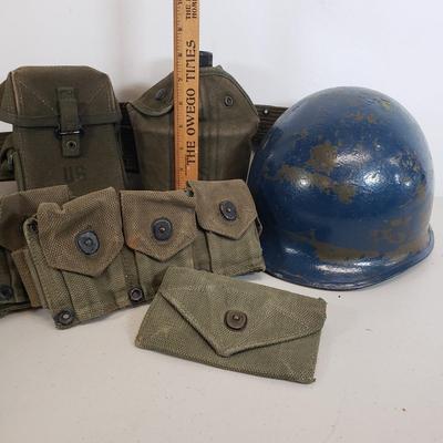 LOT 80: Vintage Military Gear-Field Belt, Cartridge Belt, First Aid Pouch, Helmet