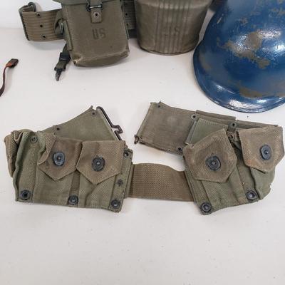 LOT 80: Vintage Military Gear-Field Belt, Cartridge Belt, First Aid Pouch, Helmet