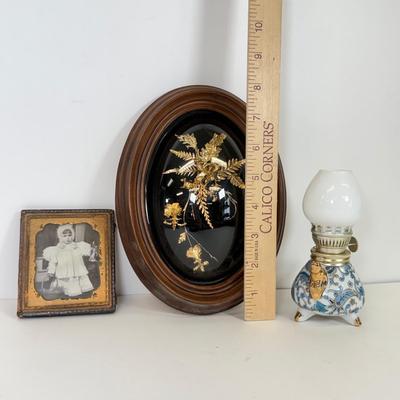 LOT 104: Antique Daguerreotype Photo, Lefton China Mini Lamp & Curved Glass Hawaiian Flora 24kt Gold Wall Decor