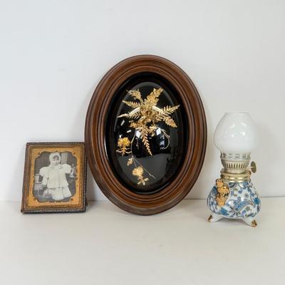 LOT 104: Antique Daguerreotype Photo, Lefton China Mini Lamp & Curved Glass Hawaiian Flora 24kt Gold Wall Decor