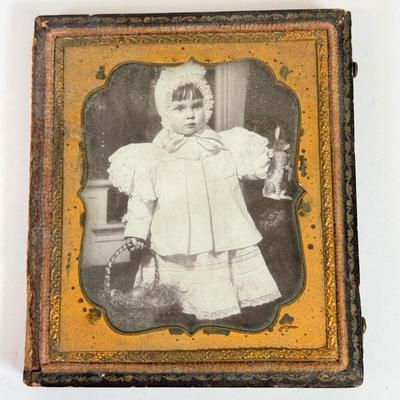 LOT 104: Antique Daguerreotype Photo, Lefton China Mini Lamp & Curved Glass Hawaiian Flora 24kt Gold Wall Decor